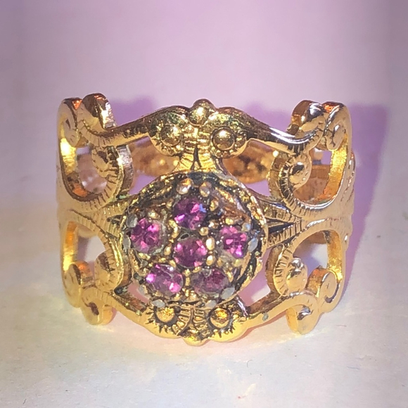 Adjustable Vintage Gold Tone Purple CZ Rhinestone Filigree Boho Ring - Picture 1 of 6